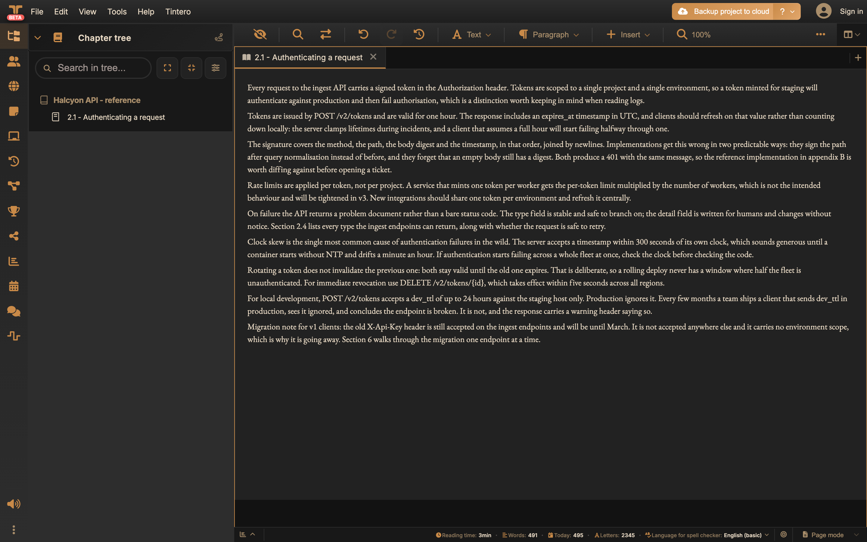 Technical docs: a chapter open in the editor