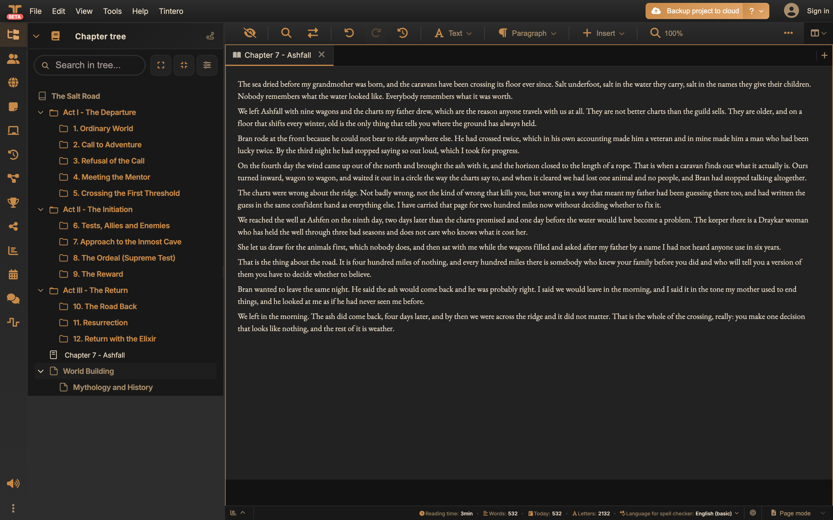 Novels: a chapter open in the editor