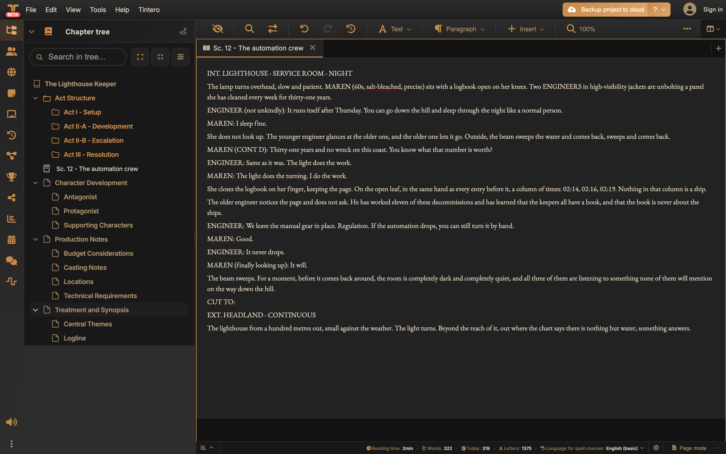 Screenwriting: a chapter open in the editor
